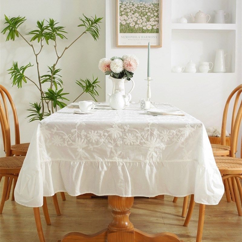 欧式田园白色立体绣花全棉防水防油荷叶边茶几台布餐桌布盖布盖巾,淘宝优惠券,粉丝福利购,淘宝优惠卷