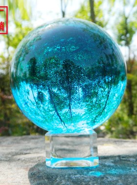 湖蓝天蓝色水晶球办公室学生书桌玻璃球家具摆放玄关隔断摆件