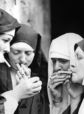 Smoking Nuns Prints Vintage Photo Black and White Poster Cig