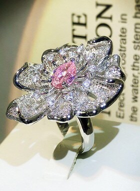 Pink Diamond Flower Ring Womens Openended ins Simple Style F