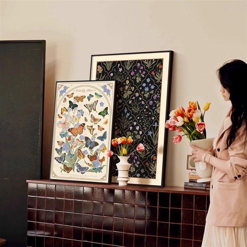 法式蝴蝶复古装饰画客厅高级中古风斗柜桌面摆画卧室沙发餐厅挂画,淘宝优惠券,粉丝福利购,淘宝优惠卷