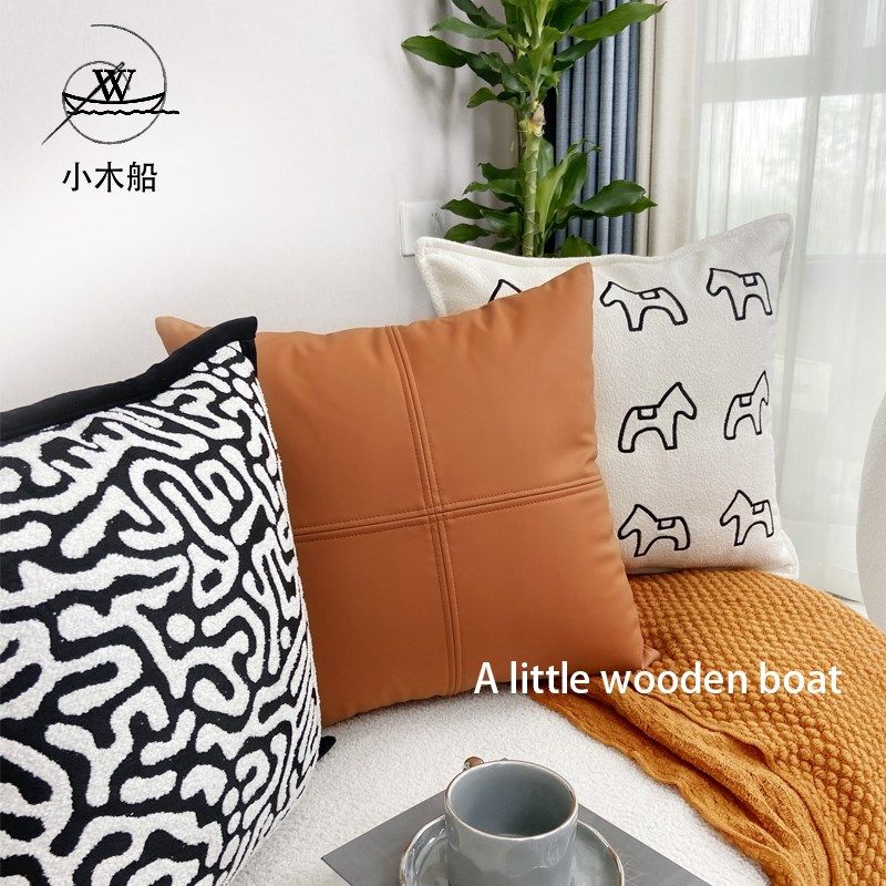 沙发抱枕米色不含芯床头法式拼接十字皮革靠枕几何刺绣高端橙定制,淘宝优惠券,粉丝福利购,淘宝优惠卷