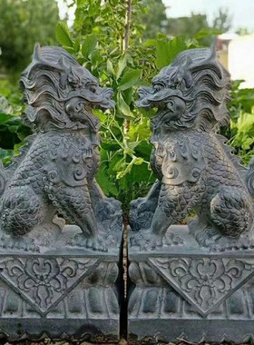 石雕石头麒麟一母青石阳台房顶庭院门口看门家居雕刻桌面摆件