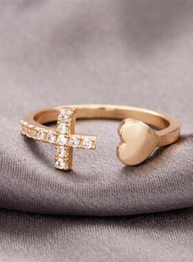 Classic Popular Zircon Cross With Heart Rings For Women New