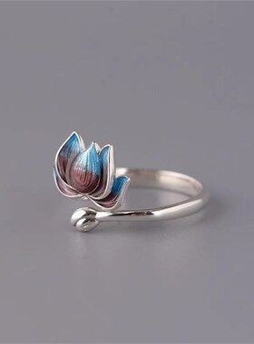 Vintage Silver Plated Blue Lotus Flower Rings For Men Women