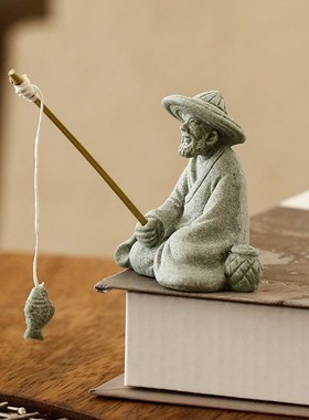 中式人物姜太公钓鱼桌面摆件创意青砂石微观造景室内鱼缸沉水装饰