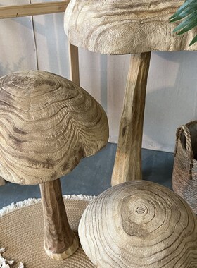 创意木质蘑菇摆设复古实木民宿风格装饰落地摆件庭院造景样板房