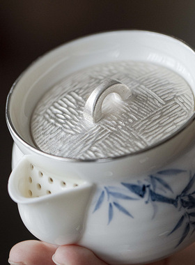 宜室茶话手绘青花竹子茶壶单个茶壶家用陶瓷带过滤泡茶壶鎏银银壶