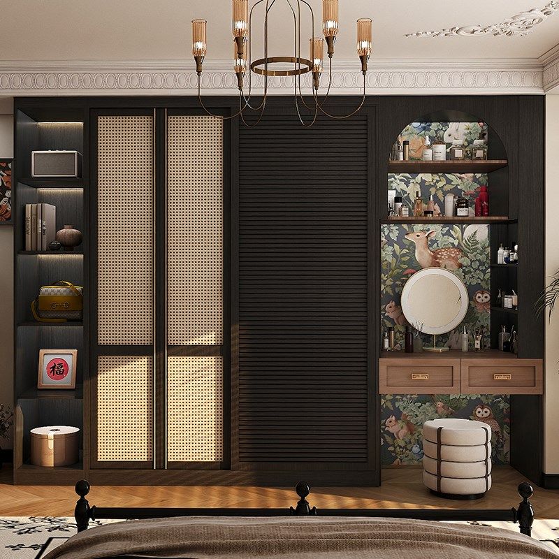 实木推拉门衣柜家用卧室新款藤编大衣橱法式复古ENF级欧松板柜子,淘宝优惠券,粉丝福利购,淘宝优惠卷