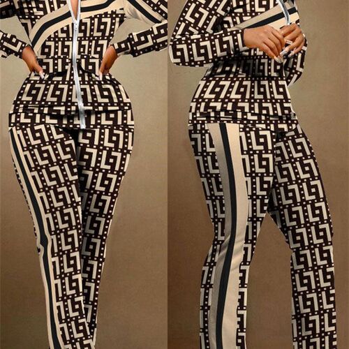 Spring Autumn Two Piece Sets Womens Geometric Print Zip Up T - 图0
