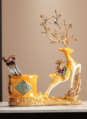 一鹿高升创意摆件带收纳筒书法毛笔筒 简约新中式家居桌面摆件