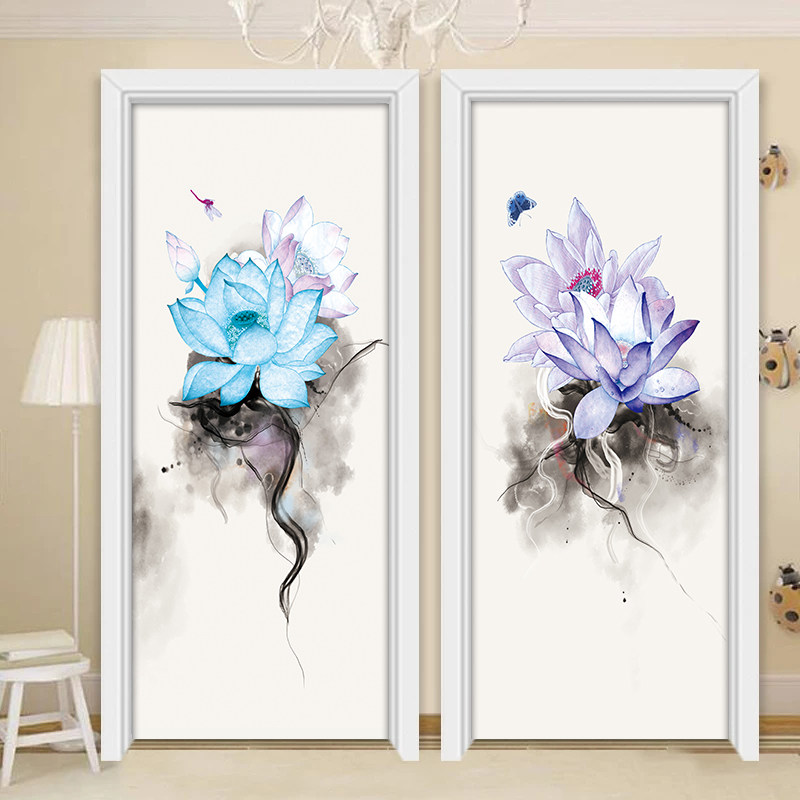 水墨荷花门贴画整张自粘装饰木门翻新衣柜贴纸卫生间玻璃移门贴画,淘宝优惠券,粉丝福利购,淘宝优惠卷