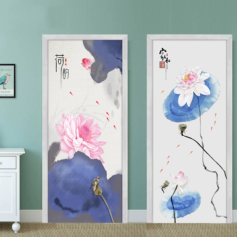 水墨荷花门贴画整张自粘装饰木门翻新衣柜贴纸卫生间玻璃移门贴画,淘宝优惠券,粉丝福利购,淘宝优惠卷