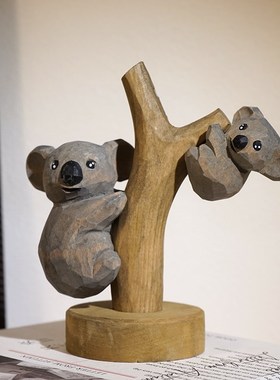考拉母子爬上树手工木雕小摆件创意可爱桌面装饰品磁吸可拆卸