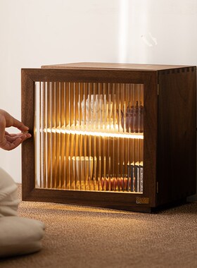 胡桃木小型桌面茶具防尘柜收纳柜创意带灯储物柜实木茶室展示柜