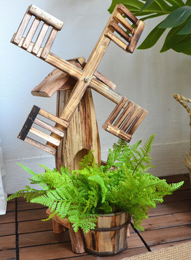 实木复古水井旋转风车创意花盆户外花园橱窗道具幼儿园装饰摆件