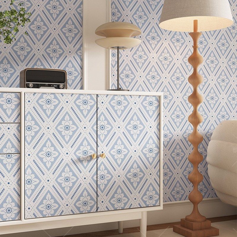 复古蓝白菱格装饰房间柜子贴纸民宿布置翻新家具贴遮丑自粘墙纸,淘宝优惠券,粉丝福利购,淘宝优惠卷