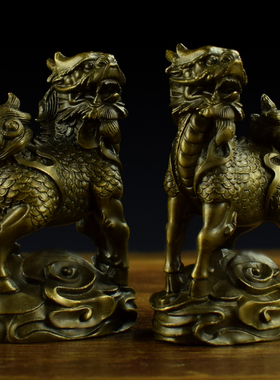 铜祥瑞麒麟一对手把件文房镇纸祥云瑞兽工艺品摆件家居家饰礼品