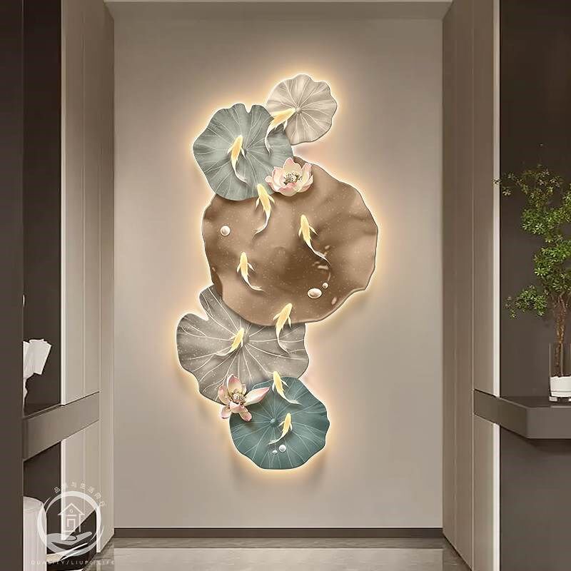 九鱼图入户玄关装饰画抽象荷叶led灯壁画正对门楼梯走廊过道挂画,淘宝优惠券,粉丝福利购,淘宝优惠卷