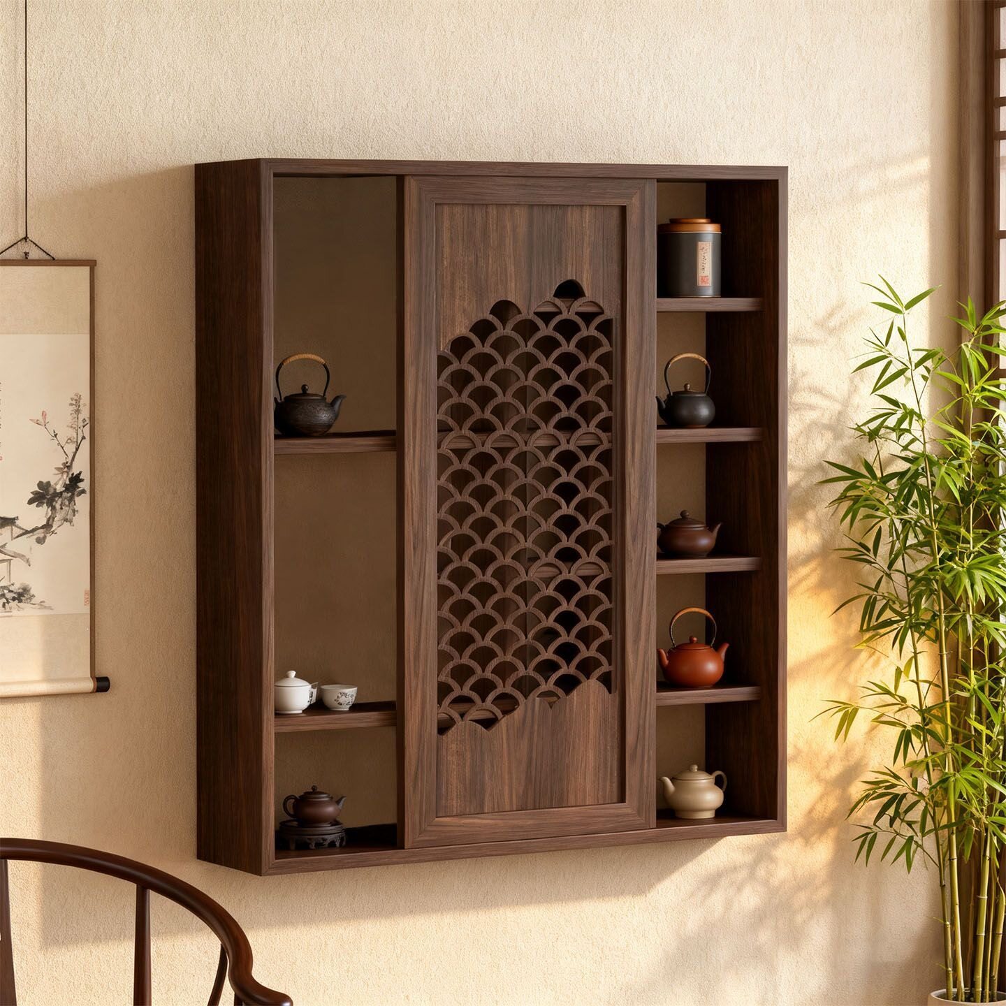 Solid wood new Chinese style retro wall shelf