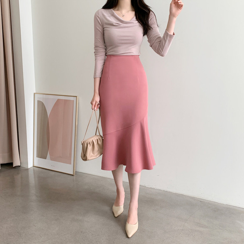 鱼尾裙春秋款女粉半身长裙秋季高腰荷叶中长款裙子包臀鱼尾半身裙,淘宝优惠券,粉丝福利购,淘宝优惠卷