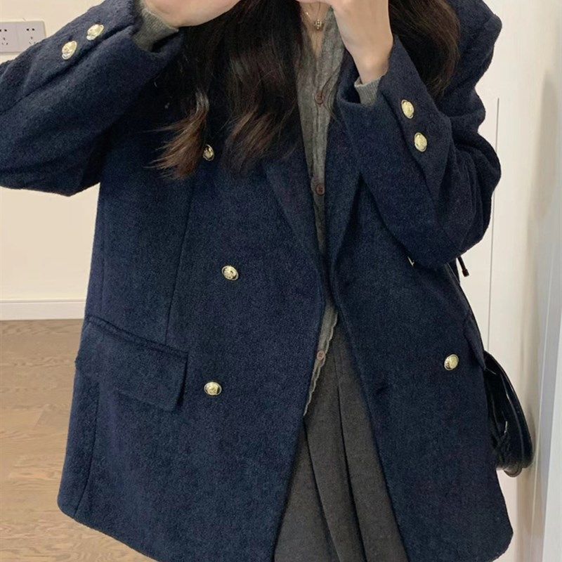 秋冬复古高级感港风藏蓝色小个子搭配显高呢子大衣毛呢外套女短款,淘宝优惠券,粉丝福利购,淘宝优惠卷