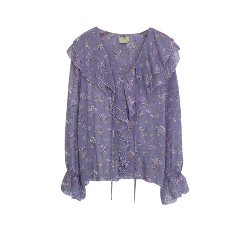 碎花法式V领衬衫女喇叭袖设计感甜美小衫荷叶边紫色雪纺衫上衣潮,淘宝优惠券,粉丝福利购,淘宝优惠卷