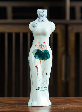 旗袍仕女干花水培绿植花插陶瓷花瓶新中式客厅玄关电视柜家居摆件