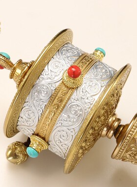 藏式手持转金简宝石镶嵌檀木手柄藏族手摇转金桶西藏转动轮摆件