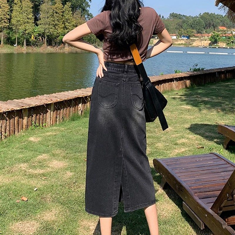 2024新款春夏开叉黑色牛仔裙女设计感烟灰色直筒长裙包臀半身裙子,淘宝优惠券,粉丝福利购,淘宝优惠卷
