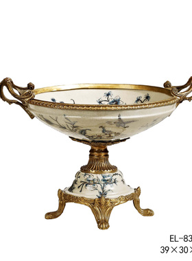 茱莉安法式复古陶瓷镶铜桌面高脚果盘欧式艺术彩绘装饰品摆件