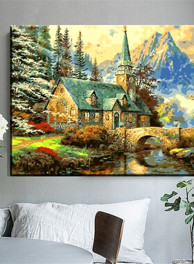 海边别墅数字油画diy填色油彩画欧式小屋山水风景客厅卧室装饰画