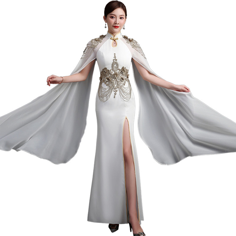 2021新中国风年会晚礼服优雅长款鱼尾开叉走秀舞台演出服简约白色,淘宝优惠券,粉丝福利购,淘宝优惠卷