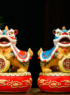 招财醒狮摆件一对铜狮子家居客厅酒柜办公室装饰品乔迁开业礼物