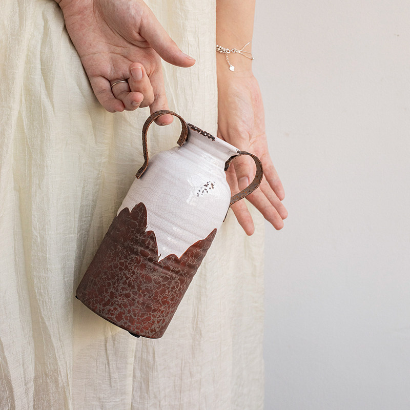 小悠家做旧双耳花瓶+铁艺复古陶瓷花器艺术装饰侘寂摆件微瑕,淘宝优惠券,粉丝福利购,淘宝优惠卷