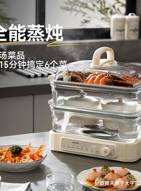 大宇玻璃电蒸锅 家用三层不锈钢多功能蒸煮锅 10L大容量可预约