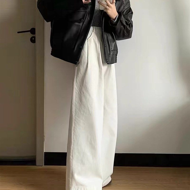 设计感白色阔腿裤牛仔裤女2024年新款春秋高腰直筒裤宽松休闲长裤,淘宝优惠券,粉丝福利购,淘宝优惠卷