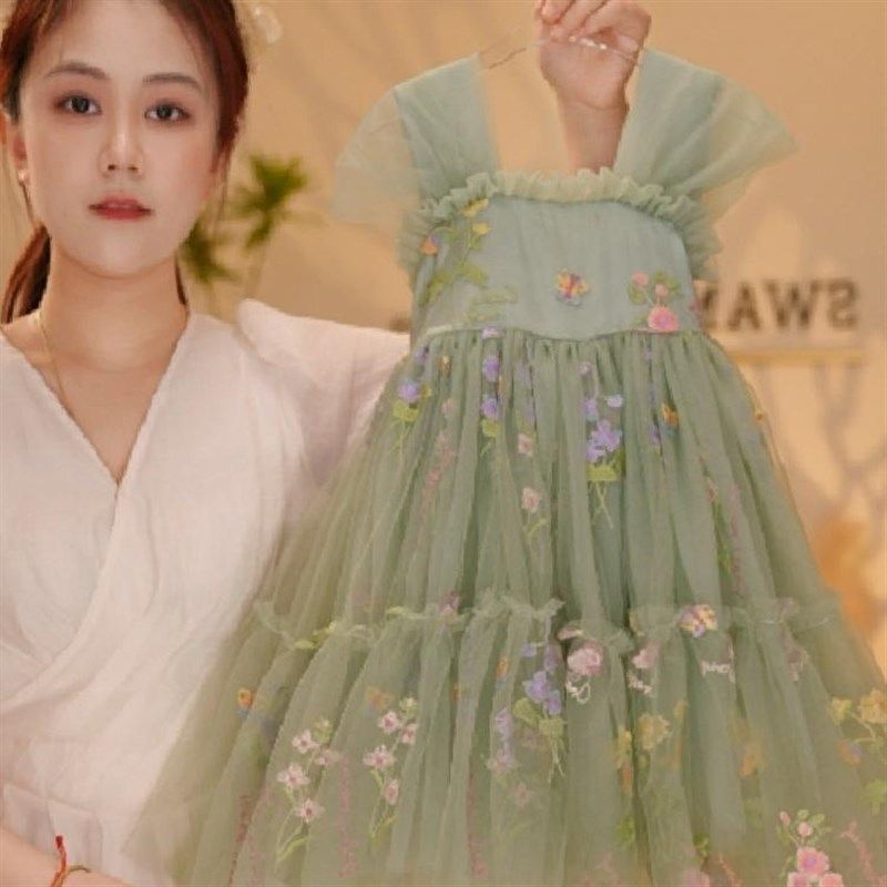 2024夏季网纱蓬蓬裙无袖吊带薄荷曼波汉服纱裙中国风洋气好看童装,淘宝优惠券,粉丝福利购,淘宝优惠卷