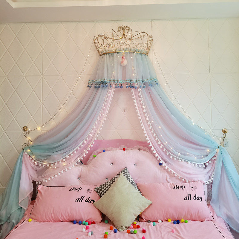 公主床幔床帘家用卧室装饰纱可爱粉嫩少女通用毛球欧式宫廷含皇冠,淘宝优惠券,粉丝福利购,淘宝优惠卷