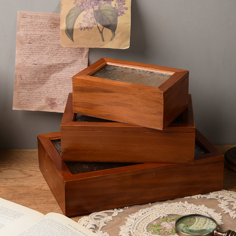 海棠花玻璃收纳盒复古木质桌面杂物整理翻盖木盒摆设化妆台装饰盒,淘宝优惠券,粉丝福利购,淘宝优惠卷