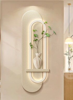 仿真绿植侘寂风入户玄关装饰画砂岩肌理高级感带led发光客厅挂画