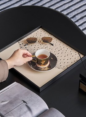 现代风茶几装饰品长方形皮革大托盘摆件样板间软装高级感设计组合