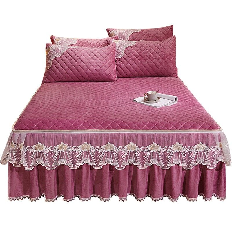 秋冬水晶绒保暖加厚蕾丝床罩床裙式防滑短毛绒床盖床套可拆卸1.8m,淘宝优惠券,粉丝福利购,淘宝优惠卷