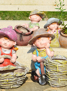 卡通小孩娃娃摆件花园庭院阳台园艺花盆景观制作提灯推车装饰工艺