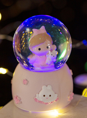 卡通女孩迷你水晶球桌面发光小摆件女孩儿童节生日礼物小朋友奖品