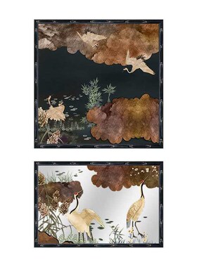 实木镜子画中古风客厅卧室装饰画高级感梳妆台仙鹤摆画组合挂画