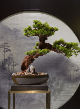 新中式迎客松盆景摆件罗汉松餐厅酒店别墅家居客厅玄关桌面装饰品