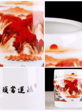 景德镇陶瓷笔筒复古中式摆件毛笔笔筒大容量办公书房桌面装饰摆件