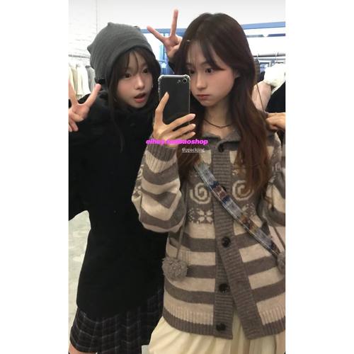 eihey诶嘿25秋季新款日系条纹连帽针织衫毛衣纽扣开衫休闲外套女 - 图1