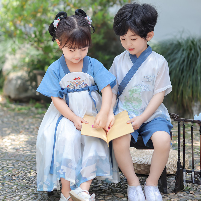 男童汉服夏款古风女童唐装连衣裙中国风短袖国学幼儿园儿童演出服,淘宝优惠券,粉丝福利购,淘宝优惠卷